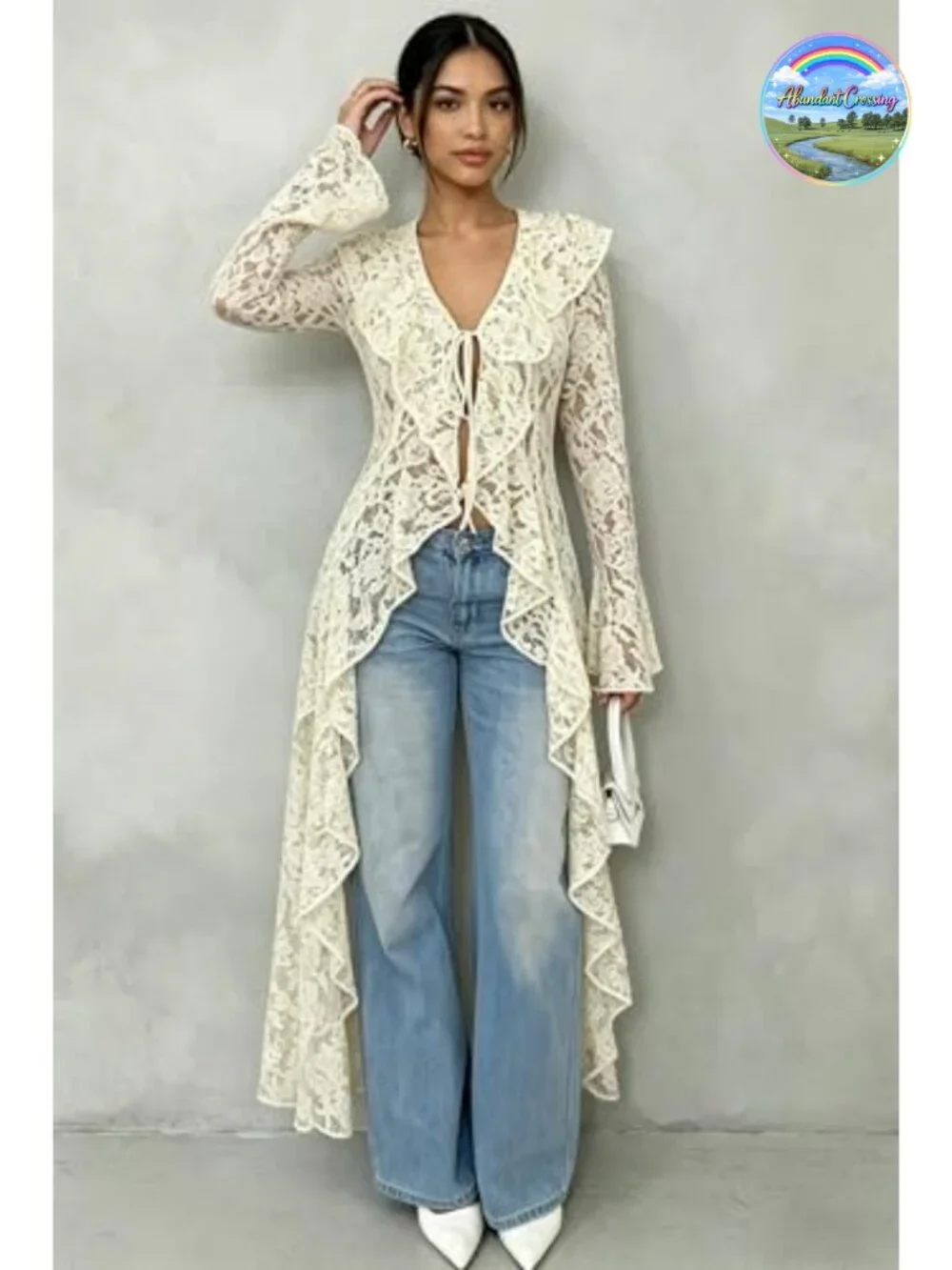 Lace Maxi Cardigan Open Front Tie Bell Sleeve Ruffled Duster Cover Up